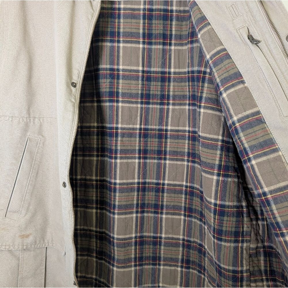 Vintage 90s Lands End Barn Jacket XL Tan Canvas Plaid Lined Chore Coat Dadcore - Picture 10 of 16
